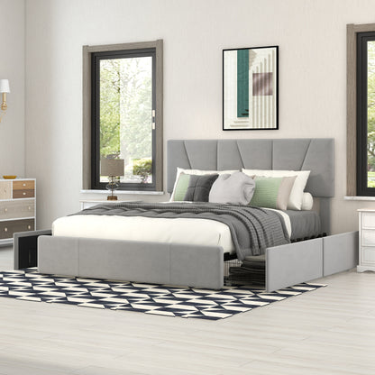 Double/Full Size Upholstered Platform Bed Frame with 4-Side Storage Drawers & Adjustable Headboard - Low-Profile Modern Bed, / Fabric, Metal/MDF Frame, No Box Spring Needed, Fits Twin to King Mattresses (Assembly Required)