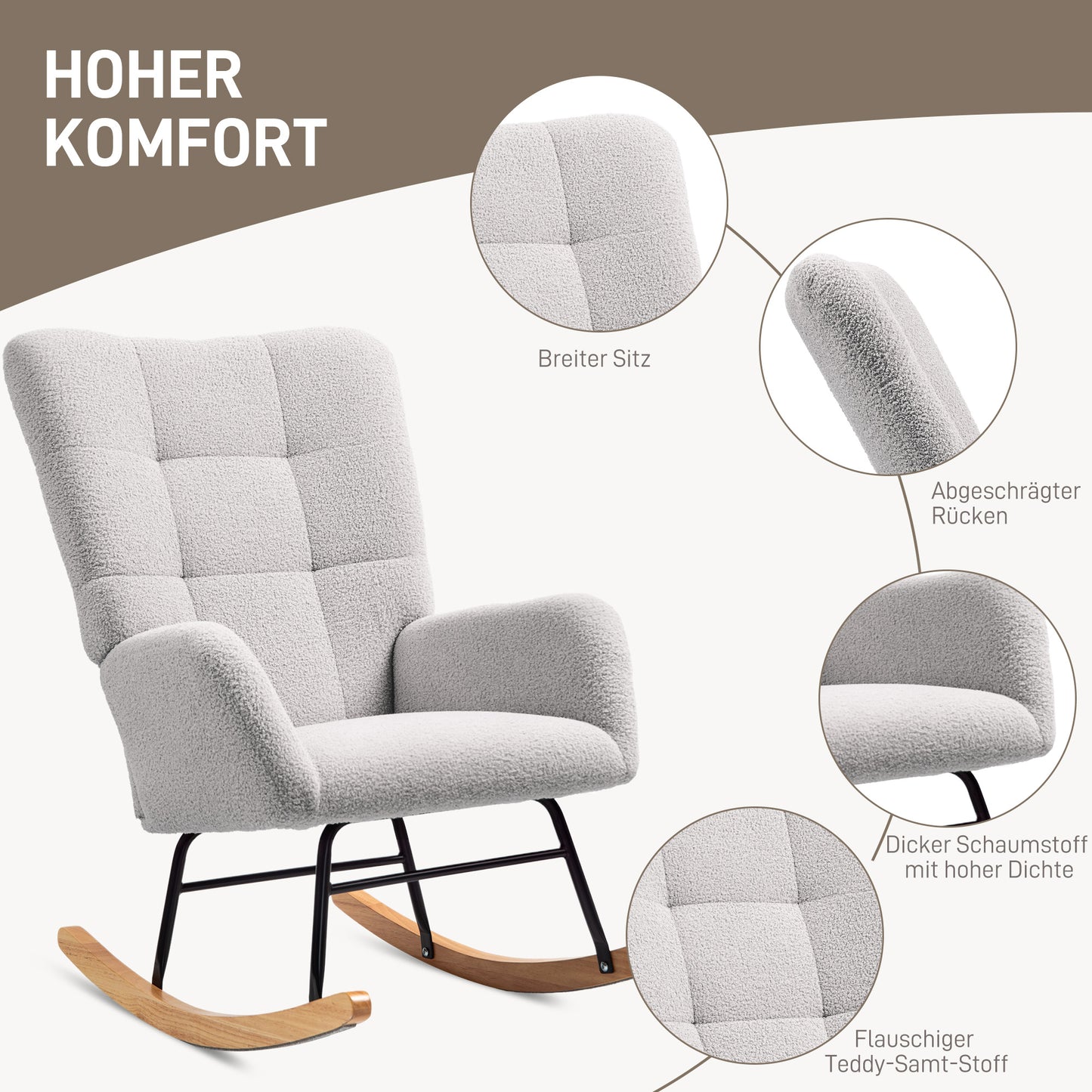 Schommelstoel – Schommelzetel – Relaxstoel – Schaukelstoel – Stoel – Lichtgrijs – Teddy-stof Bekleding – 10 cm Dikke Vulling – Antislip Rubberhouten Poten