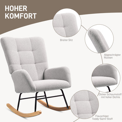 Schommelstoel – Schommelzetel – Relaxstoel – Schaukelstoel – Stoel – Lichtgrijs – Teddy-stof Bekleding – 10 cm Dikke Vulling – Antislip Rubberhouten Poten