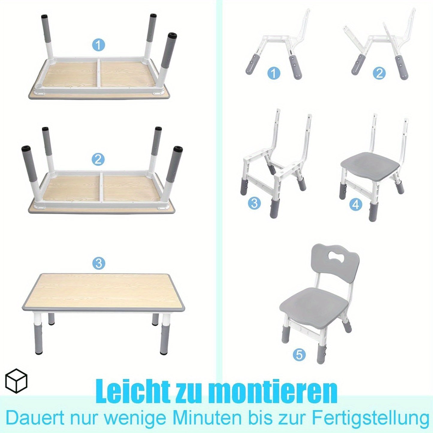 Tafelset Met 4 Stoelen – Stoel En Tafel Set – Kindermeubilair – Schoolmeubilair – Studie Set – Verstelbare Hoogte – Duurzaam Kunststof – Lichtgewicht – Gemakkelijk Schoon Te Maken – Grijs