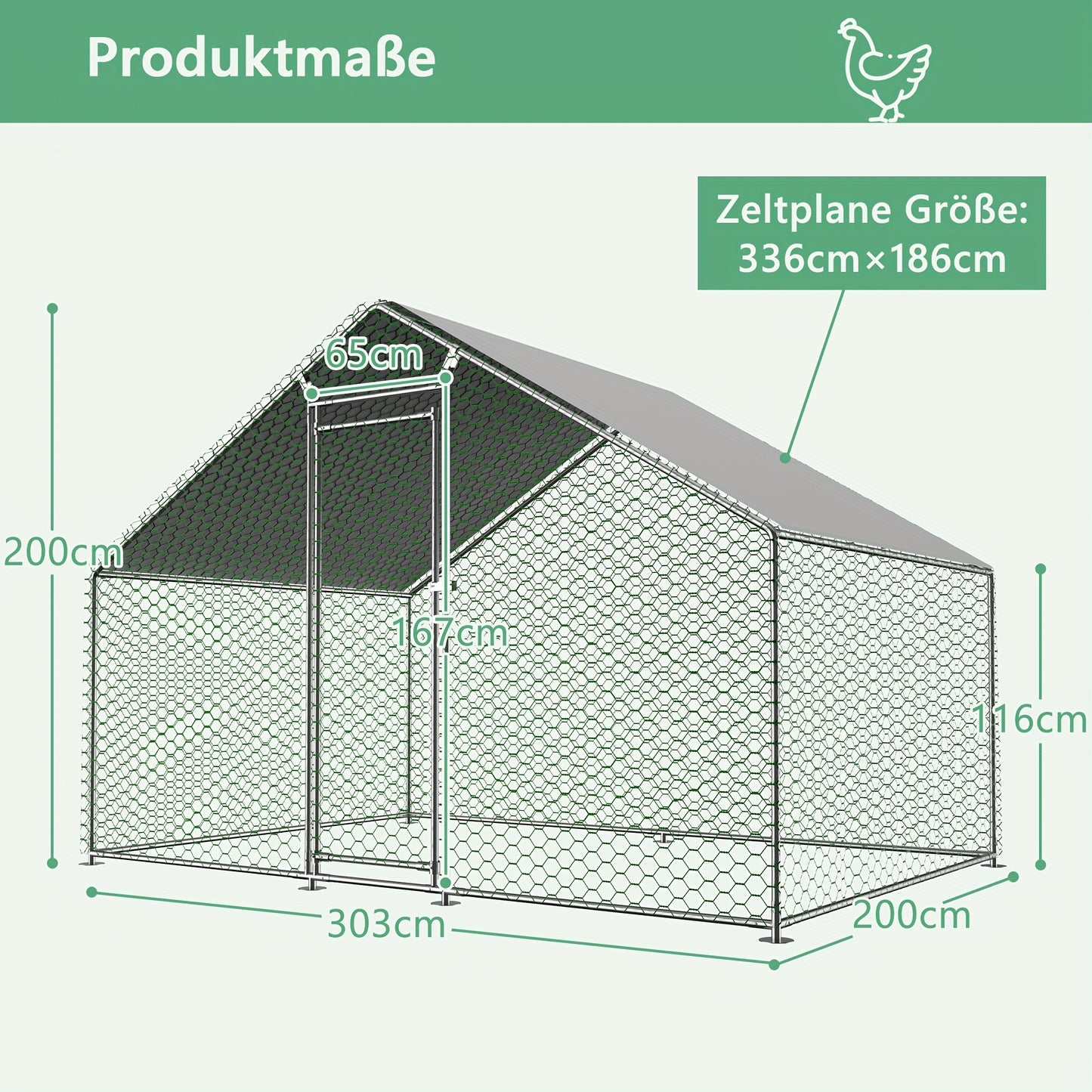 Kippenren – Hokken – Kooien – Buitenruimte – Ren Voor Dieren – 3x2x2 m – Waterdichte PE Stof – Stabiel Metaalframe Met Veiligheidsluiting