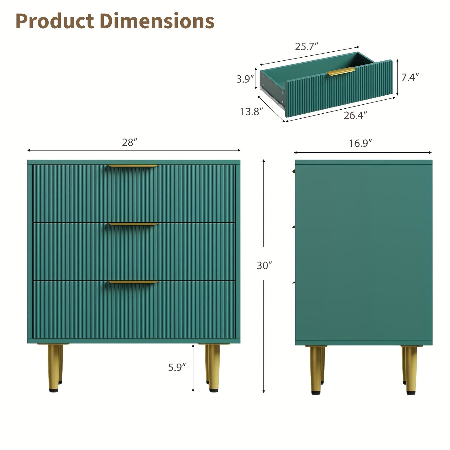 Nachtkast – Nachtkastje – Bijzettafel – Ladekast – Bedside Table – Modern Fluted Design – 3 Lades Ruime Opbergruimte – Metaal Met Handgrepen – 71x43x76 cm
