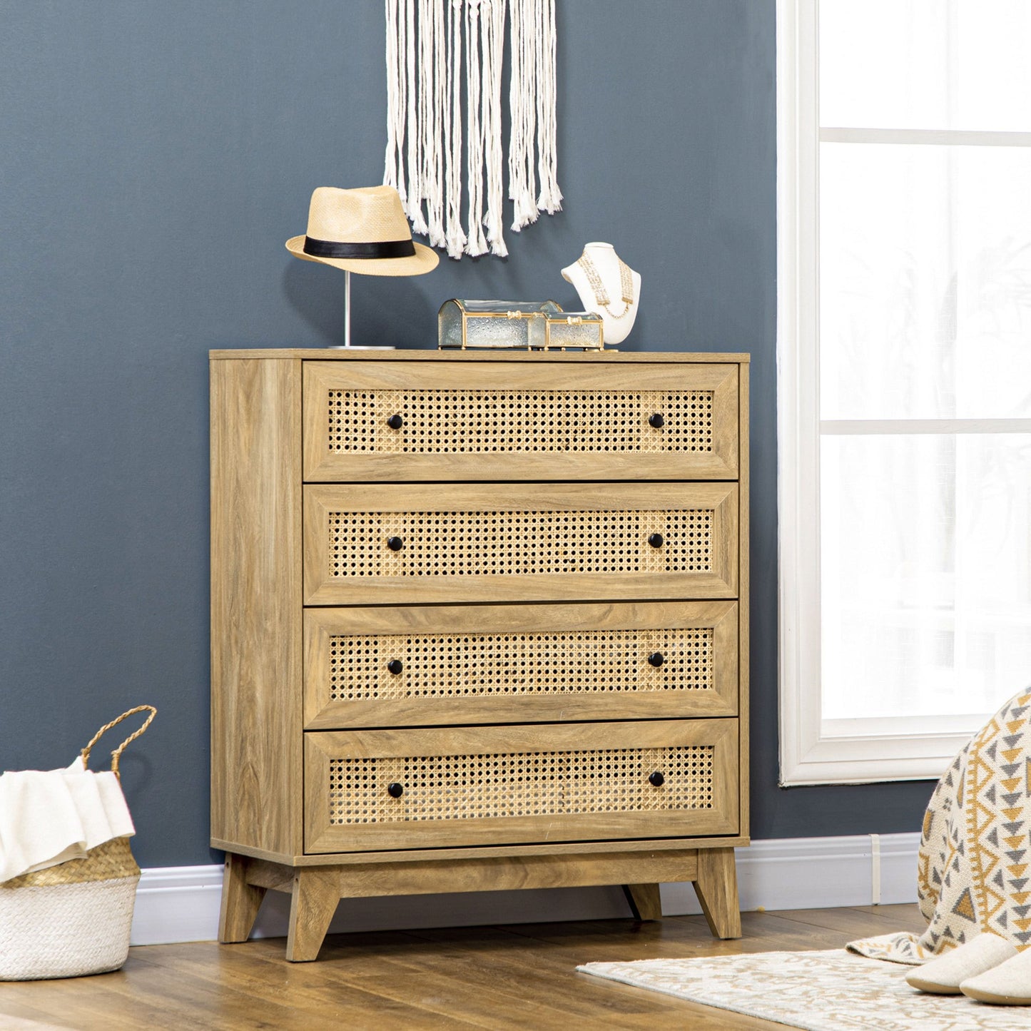 Commode – Ladekast – Dressoir – Opbergkast – Kast – 4 Lades – MDF Met Rattan Front – 80x35x95 cm – Licht Hout Effect
