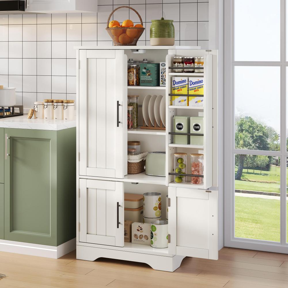 Sideboard, Crockery Cabinet with Adjustable Shelves | Upper Section for Food, Dishes, Spices; Lower Section for Appliances like Microwaves; Suitable for Kitchens, Dining Rooms, Living Rooms; White, Metal, Floor Mount, Modern