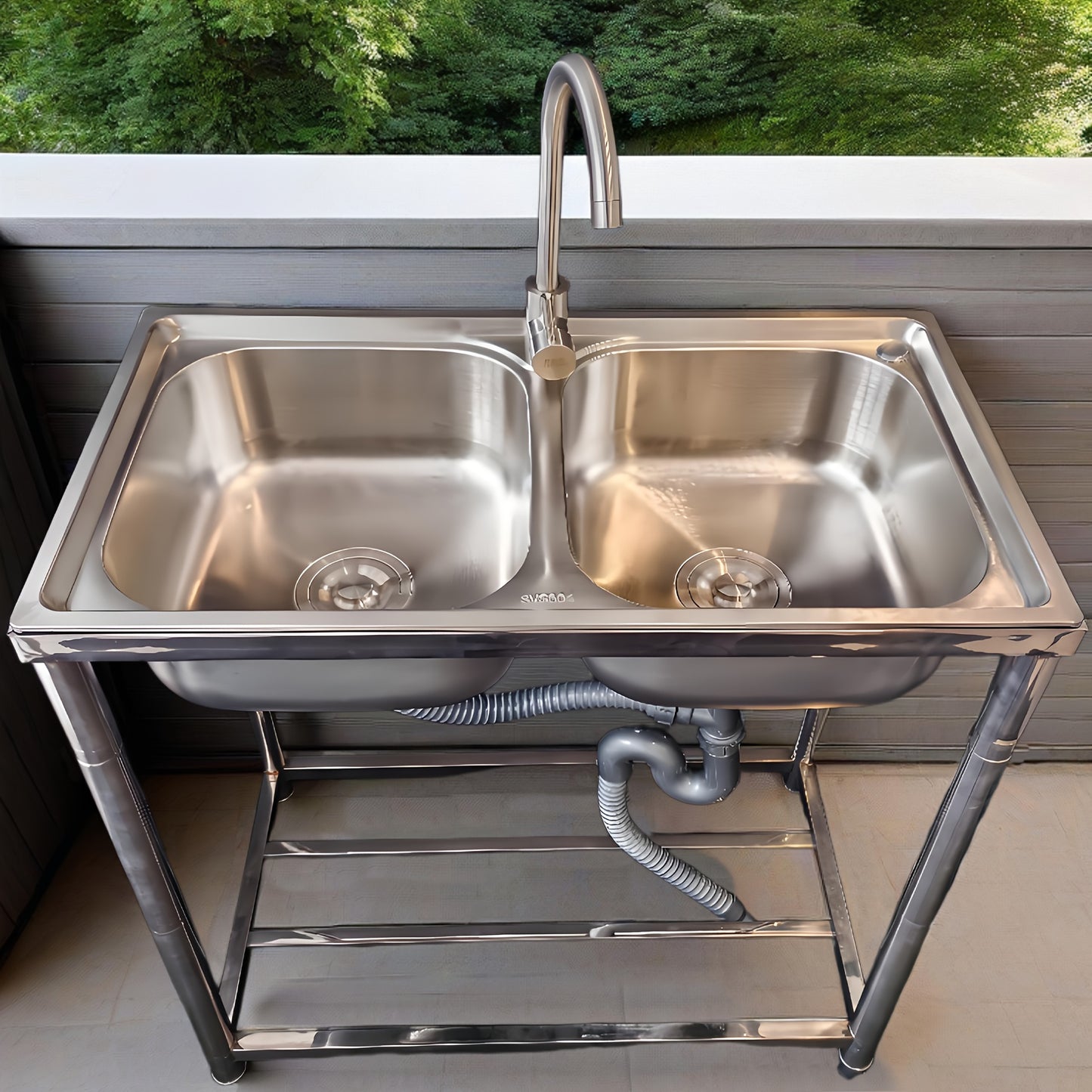Stainless Steel Sink with Hot And Cold Water Taps, Freestanding Double Basin Sink with Drain Kit Suitable for Outdoor, Kitchen, Camping, Garden, 78x43cm