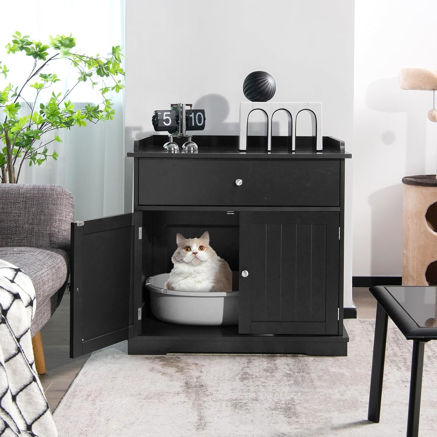 Kattenbakomkasting – Kattenbakkast – Kattenhuisje – Kattenbakmeubel – Kattenbakafdekking – Zwart – Moderne Opberglade – Duurzaam MDF