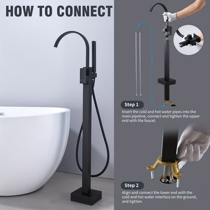 Modern Black Freestanding Bathtub Faucet with Brass Waterfall Spout & Hand Shower - 360° Swivel Spout, Floor-Mounted Design, Copper Valve Core, Easy Installation (No Batteries/Electrical Required), G3/8 Connections, Painted