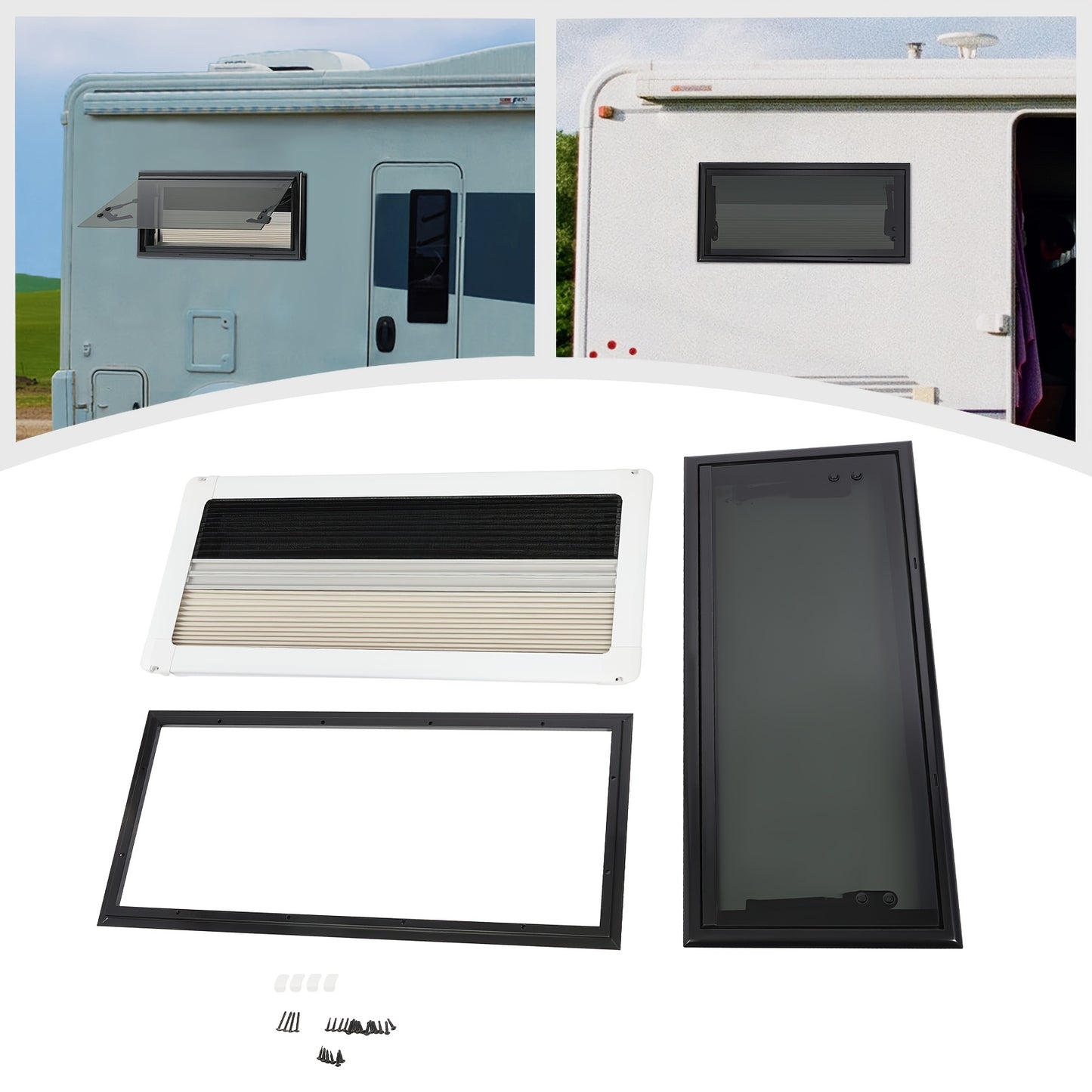 Uitschuifbaar Raam Caravan – Camperraam – Schuifraam – Ventilatieraam – Raam Met Hor – Donker Getint Glas – Aluminium Frame – Maximale Opening 85° – Insectenwering