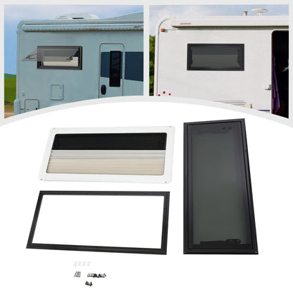 Uitschuifbaar Raam Caravan – Camperraam – Schuifraam – Ventilatieraam – Raam Met Hor – Donker Getint Glas – Aluminium Frame – Maximale Opening 85° – Insectenwering