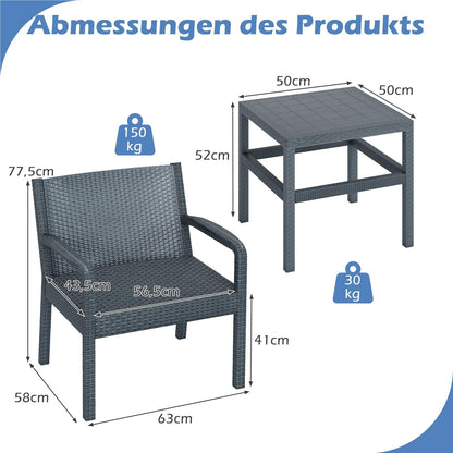 3-Delige Rattan Tuinmeubelset – Balkonset – Terrasmeubilair – Tuinset – Loungeset – Weerbestendig Pp-Materiaal – Ergonomische Stoelen Met Bijzettafel – Grijs