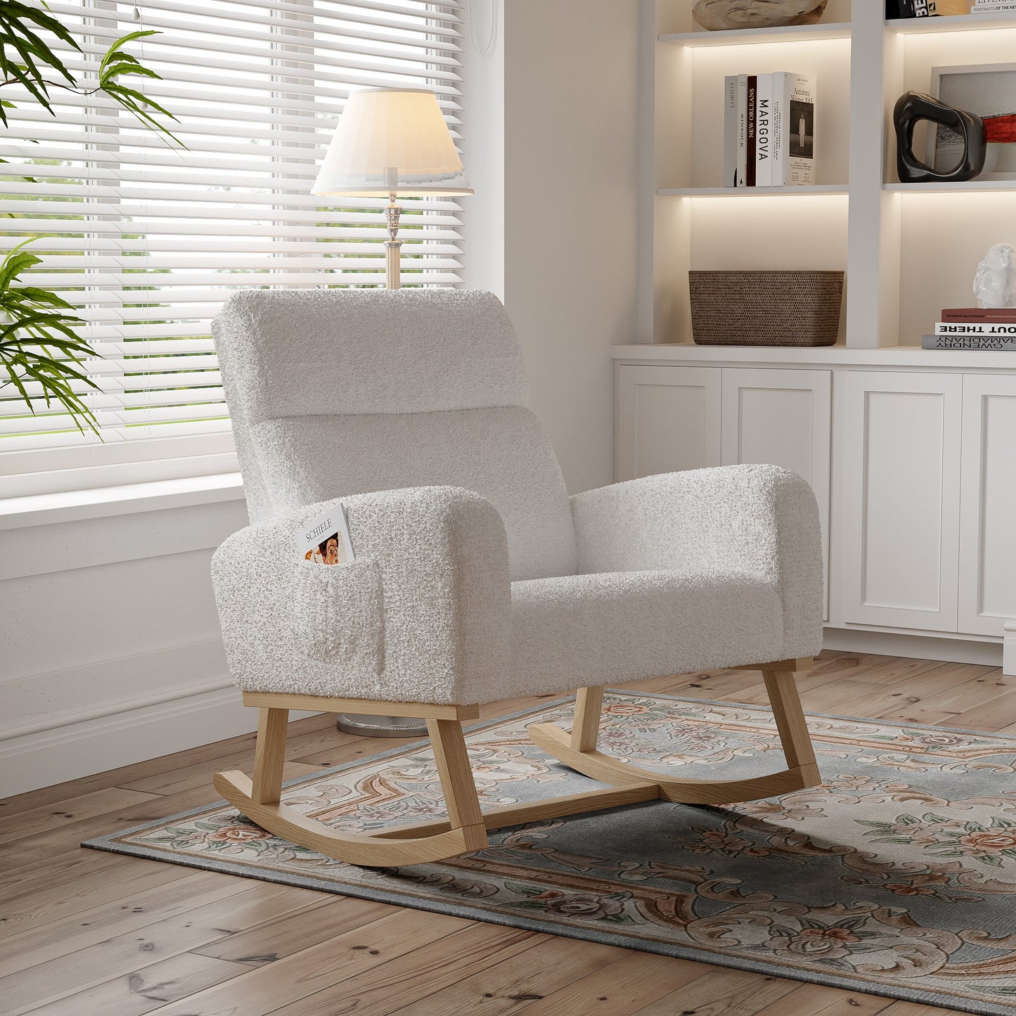Schommelstoel – Schommelstoel Woonkamer – Relaxstoel – Schommelstoel Met Voetensteun – Lounge Stoel Wit – Wit Schapenvacht – Anti-Slip Voetjes – Comfortabele Zitting