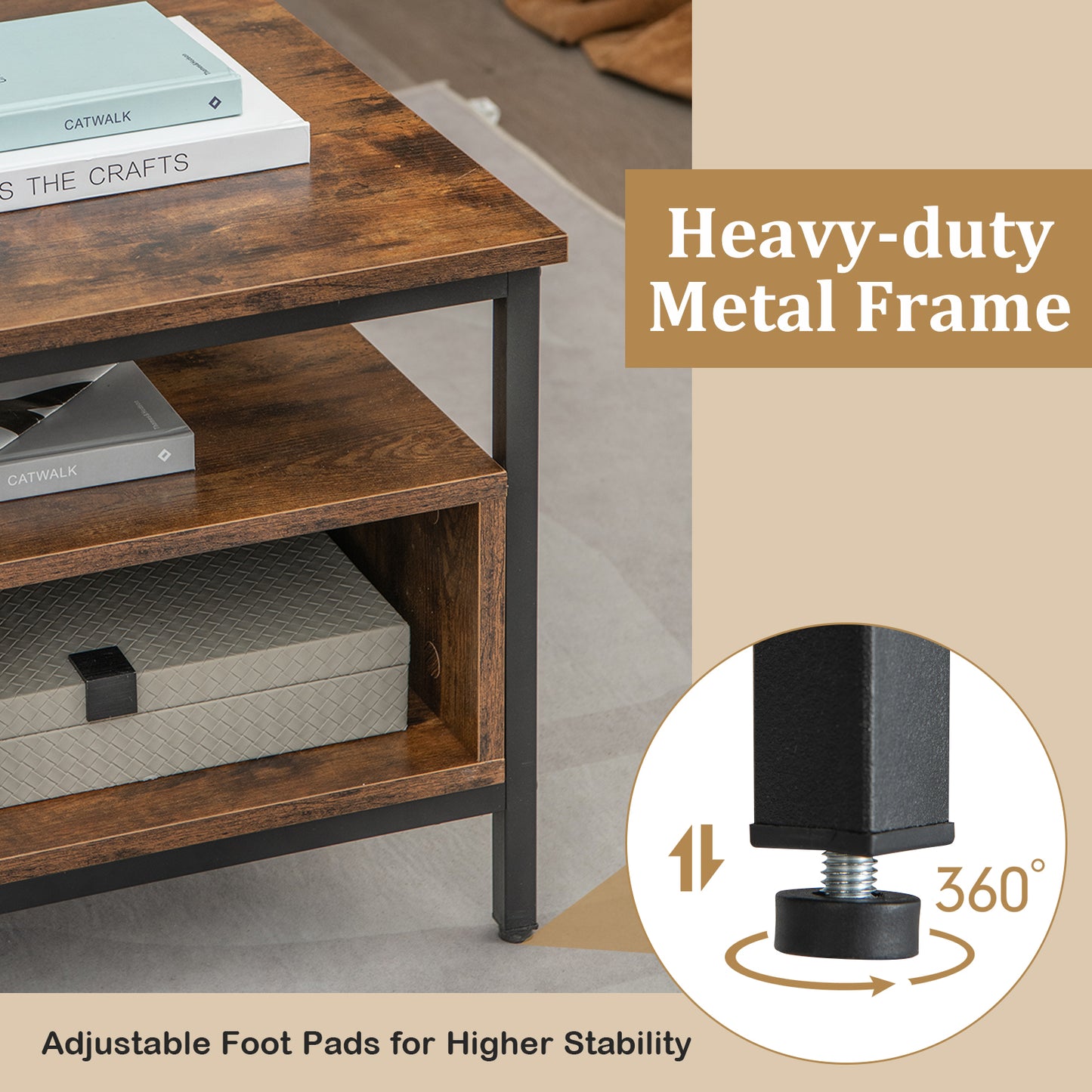 Salontafel – Koffietafel – Woonkamertafel – Tafel Met Opbergruimte – Tv-Meubel – 3-Lagen Design – Stevig Houten Blad Met Metalen Frame – Verstelbare Poten Voor Stabiliteit