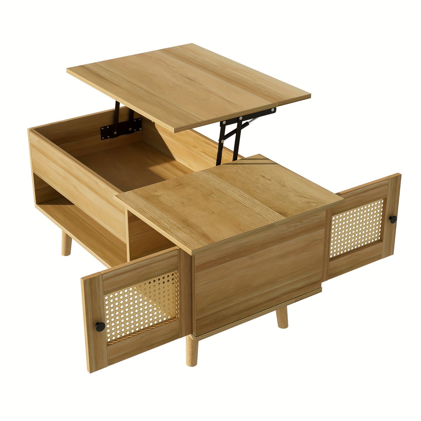 Salontafel – Koffietafel – Bijzettafel – Woonkamertafel – Tafeltje – Lift-Top Met Rieten Deuren – Massief Hout & Spaanplaat – Eenvoudige Montage