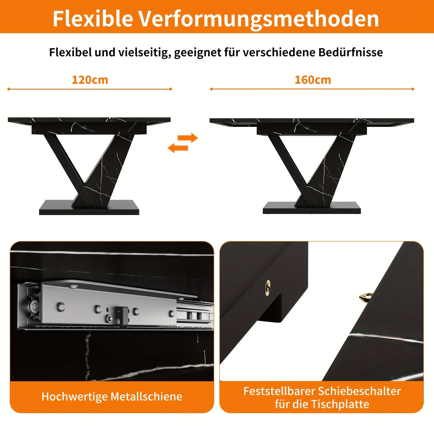Uitschuifbare Eettafel – Verstelbare Tafel – Keukentafel – Uitbreidbare Tafel – Eettafel Zwart Marmerpatroon – 120-160 cm Uitbreidbaar – Krasbestendig & Onderhoudsvriendelijk