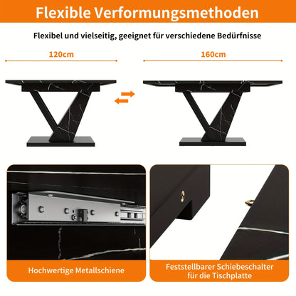 Uitschuifbare Eettafel – Verstelbare Tafel – Keukentafel – Uitbreidbare Tafel – Eettafel Zwart Marmerpatroon – 120-160 cm Uitbreidbaar – Krasbestendig & Onderhoudsvriendelijk