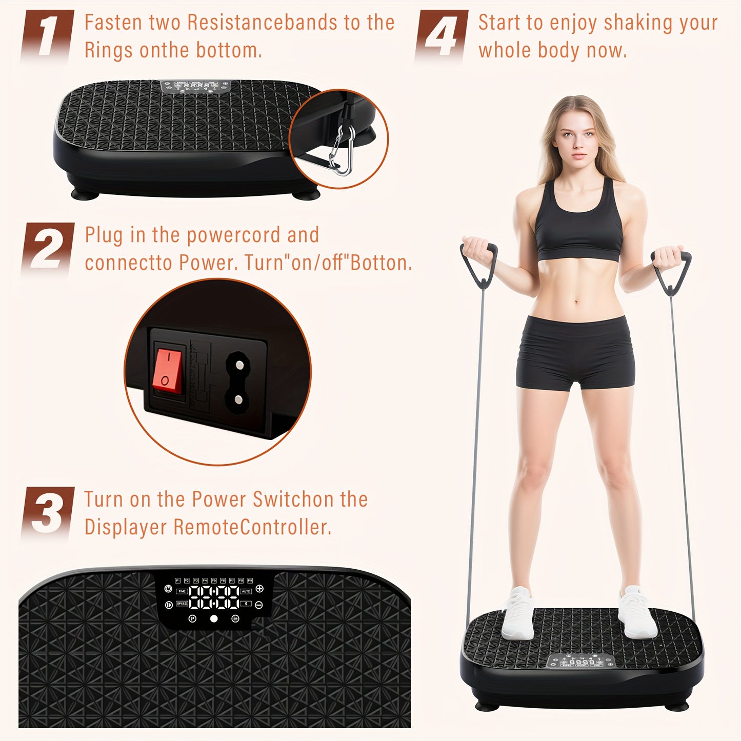 Trilplaat – Vibratieplaat – Powerplate – Vibratietrainer – Fitnessapparaat – Volledige Lichaamstraining – Inclusief Weerstandsbanden – Compact en Stabiel Platform – 220-240V Aansluiting – Zwart