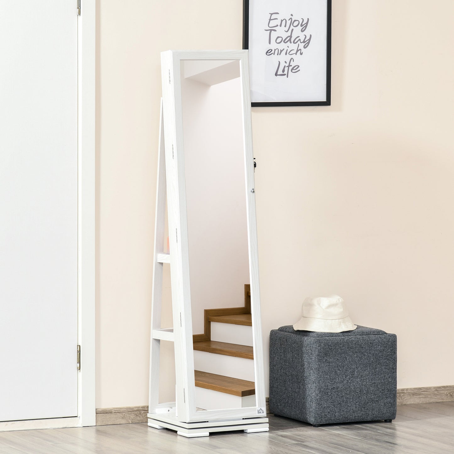 Sieradendoos – Sieradenkast – Sieradenbox – Jewelry Organizer – Draaibare Opbergdoos – Inclusief Spiegel – Afsluitbaar Met Slot – Lichtgrijs MDF