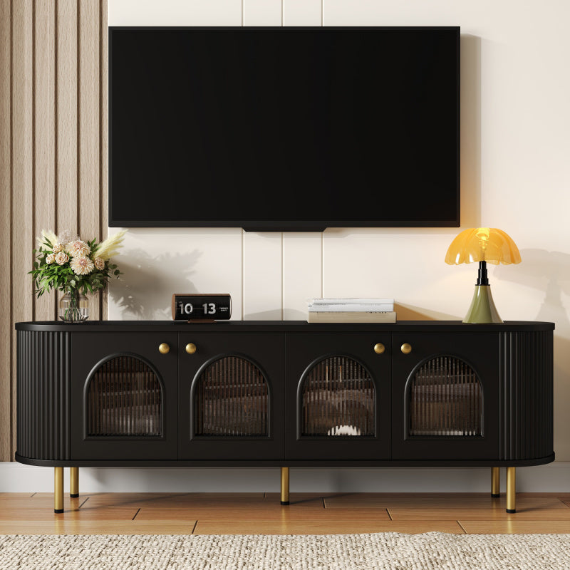 Tv-meubel – Lowboard – TV-kast – Media meubel – TV-dressoir – Zwart MDF met glazen deuren – Gouden handgrepen en poten – Ruime opbergruimte – Afgeronde hoeken