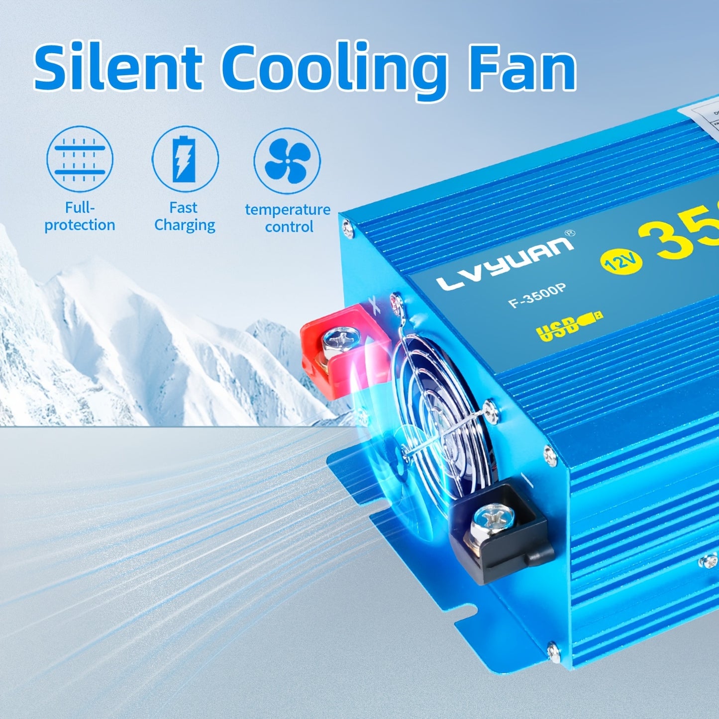 Sinusomvormer – Spanningsomvormer – Stroomomvormer – Omvormer 12V naar 220V – 3500W Continu – Pure Sinusgolf – 2 AC Stopcontacten – Dual USB Poorten – Aluminium Behuizing – LCD Display
