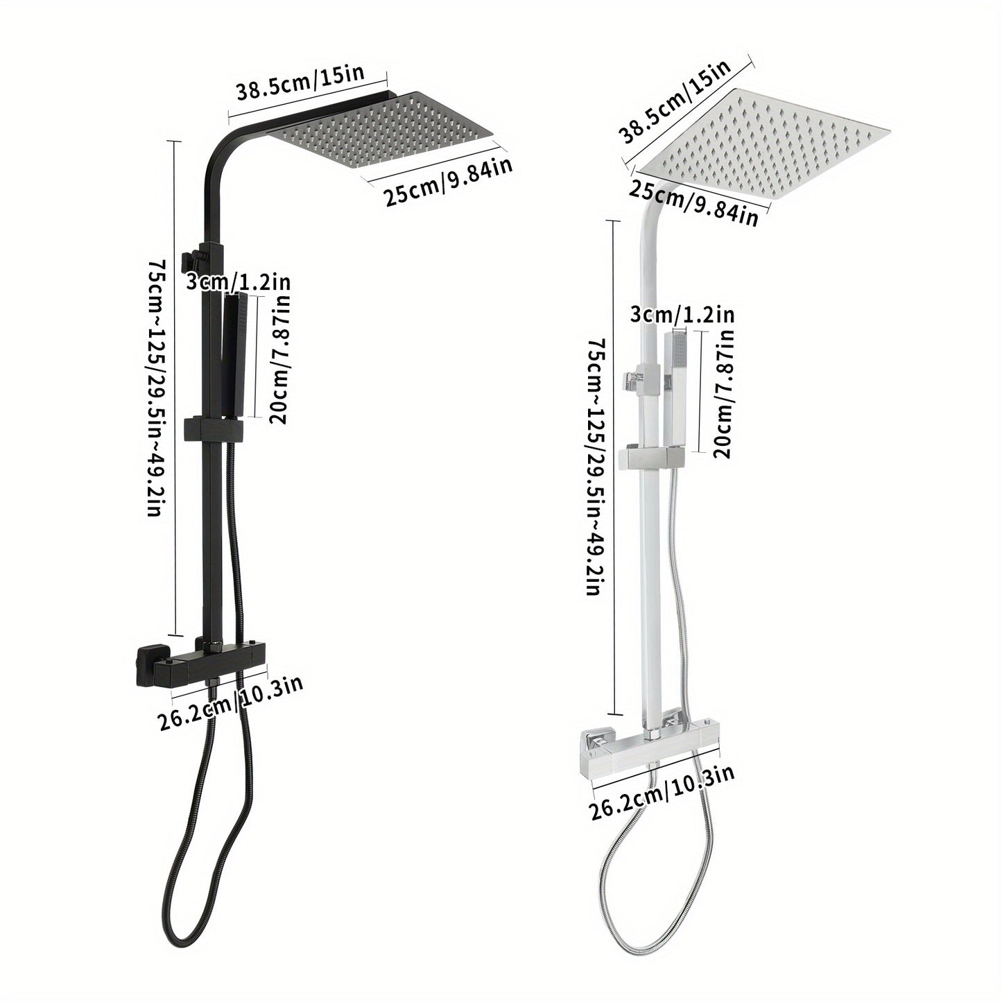 Thermostatische Regendouche – Regendouche Set – Douchekop – Handdouche – Douche Systeem – Mat Zwart – 25x25 cm – Verstelbare Hoogte