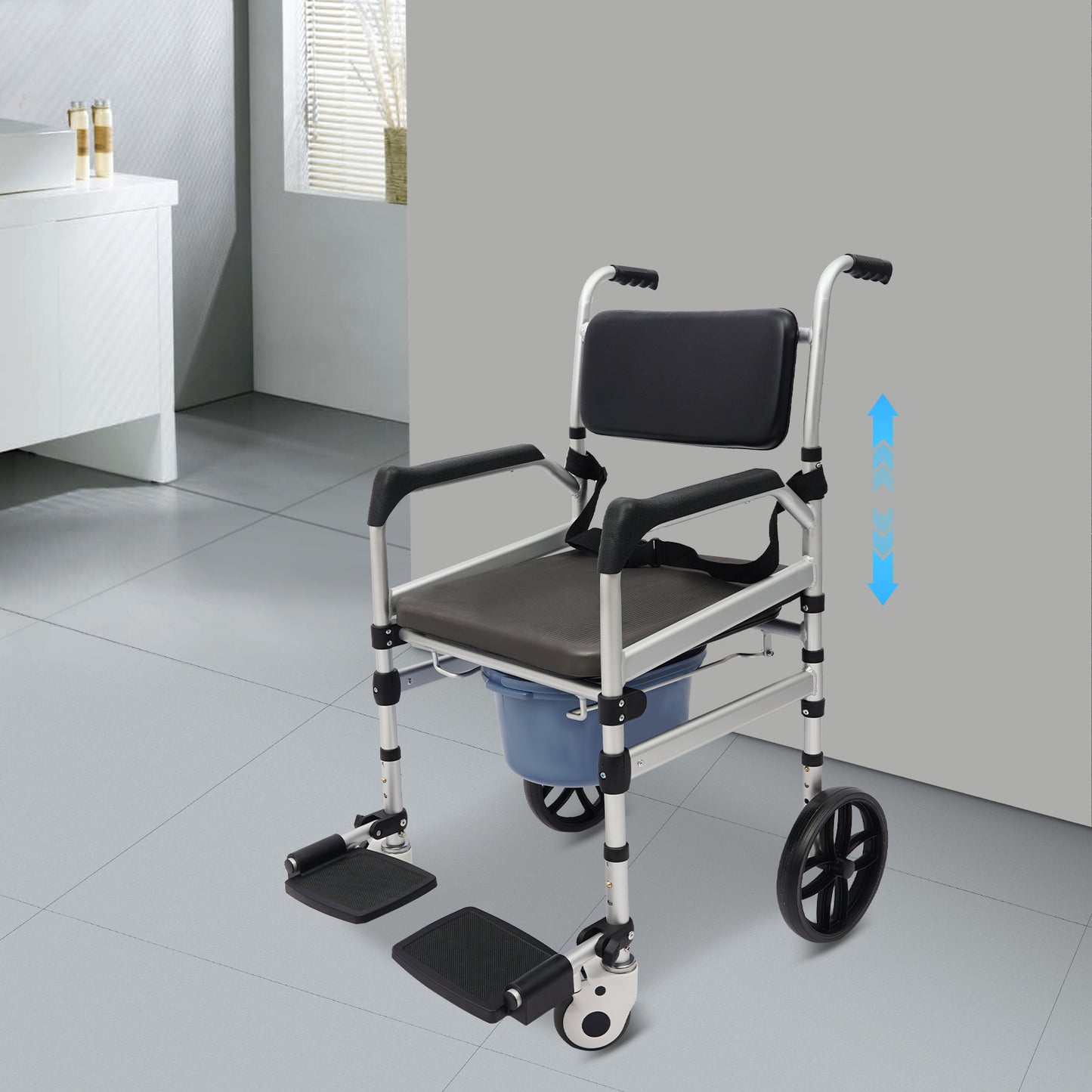 Opvouwbare Douchezit – Douchekruk – Toiletstoel – Mobiliteitsstoel – Douchehulp – Verstelbare Zithoogte – Aluminium Frame Met Wieltjes – Zwart-Zilver