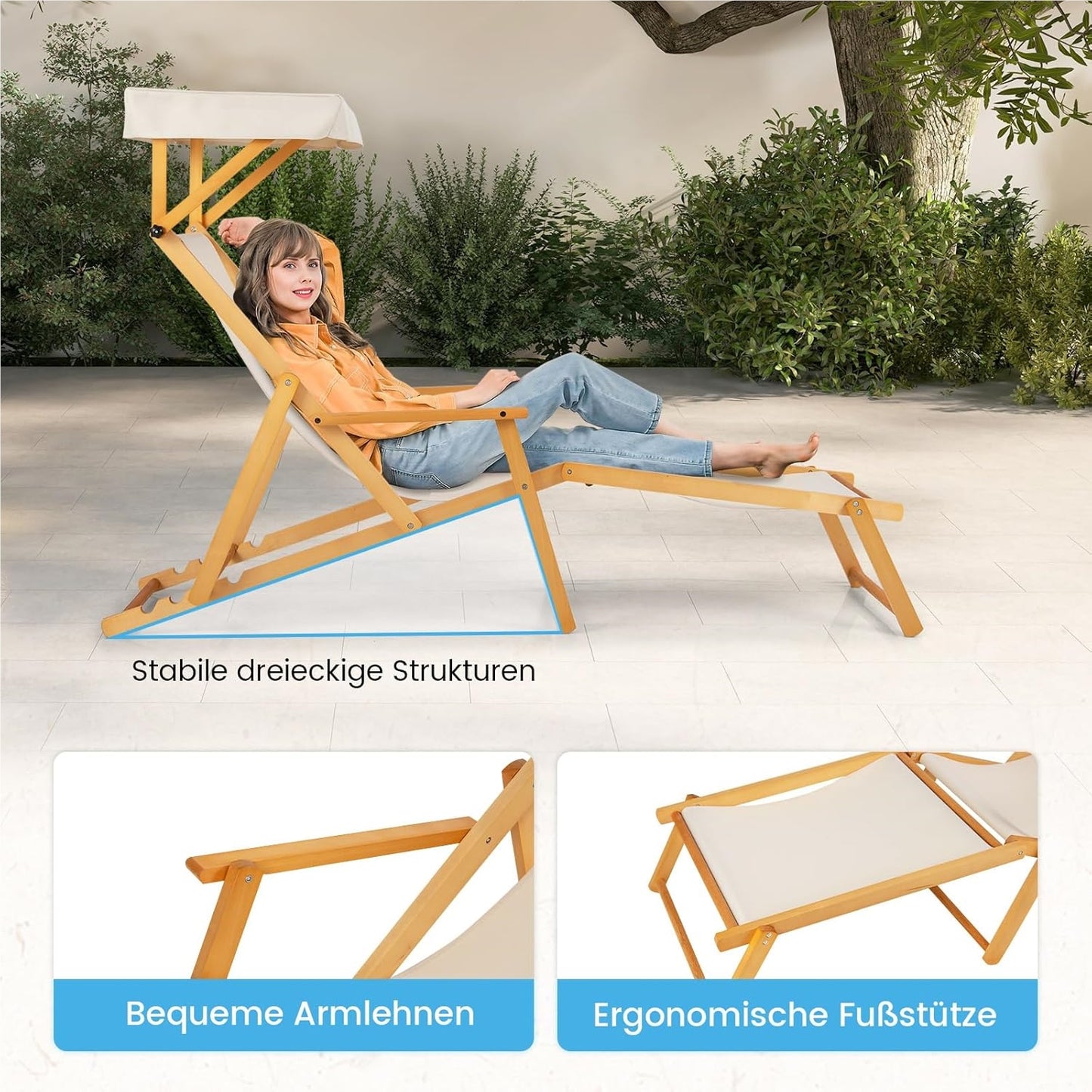 Ligstoel – Tuinstoel – Strandstoel – Zonnenligstoel – Lounger – Inklapbaar – Berkenhout – Verstelbare Rugleuning – Zonnescherm – Inclusief Reserveonderdelen – Beige Natural
