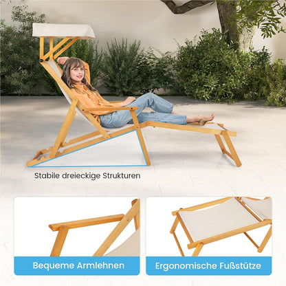 Ligstoel – Tuinstoel – Strandstoel – Zonnenligstoel – Lounger – Inklapbaar – Berkenhout – Verstelbare Rugleuning – Zonnescherm – Inclusief Reserveonderdelen – Beige Natural