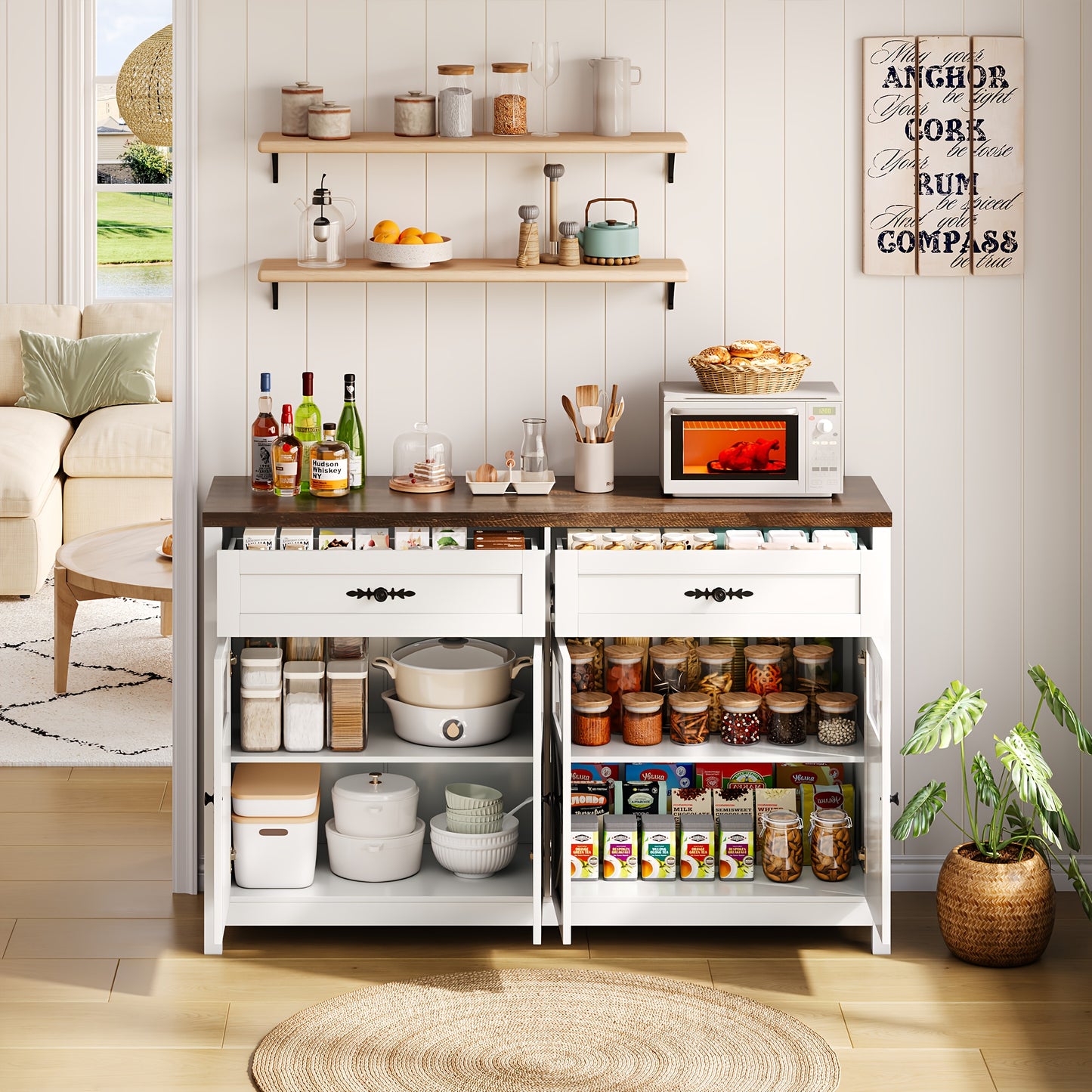 Dressoirkast – Sideboard – Opbergkast – Buffetkast – Kastenmeubel – Wit – 140 cm lang – Bamboe – Duurzaam – 4 Deuren – 2 Lades – Modern – Minimalistisch – Multifunctioneel
