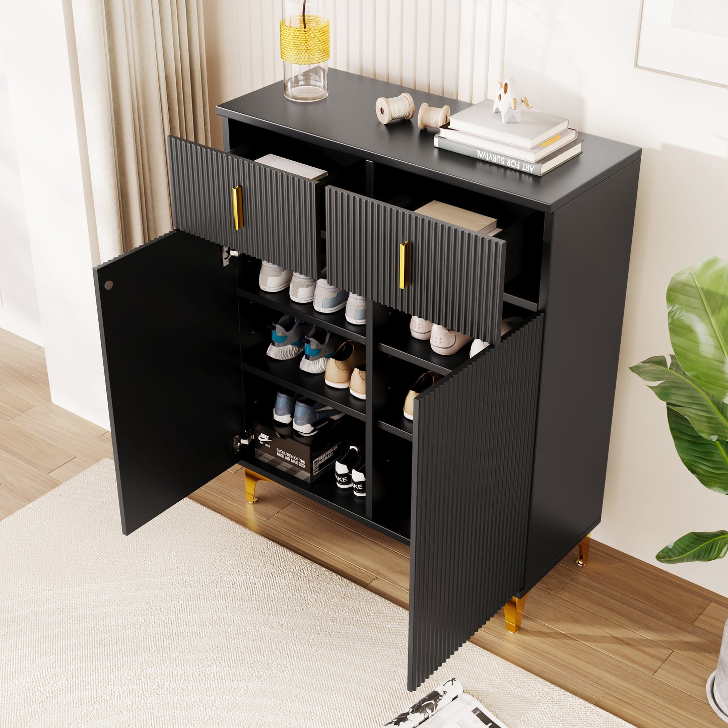 Dressoir – Sidetable – Opbergkast – Schoenenkast – Dressoirkast – Zwart Met Goudkleurige Details – Verstelbare Planken – Push-To-Open Mechanisme