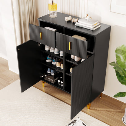 Dressoir – Sidetable – Opbergkast – Schoenenkast – Dressoirkast – Zwart Met Goudkleurige Details – Verstelbare Planken – Push-To-Open Mechanisme