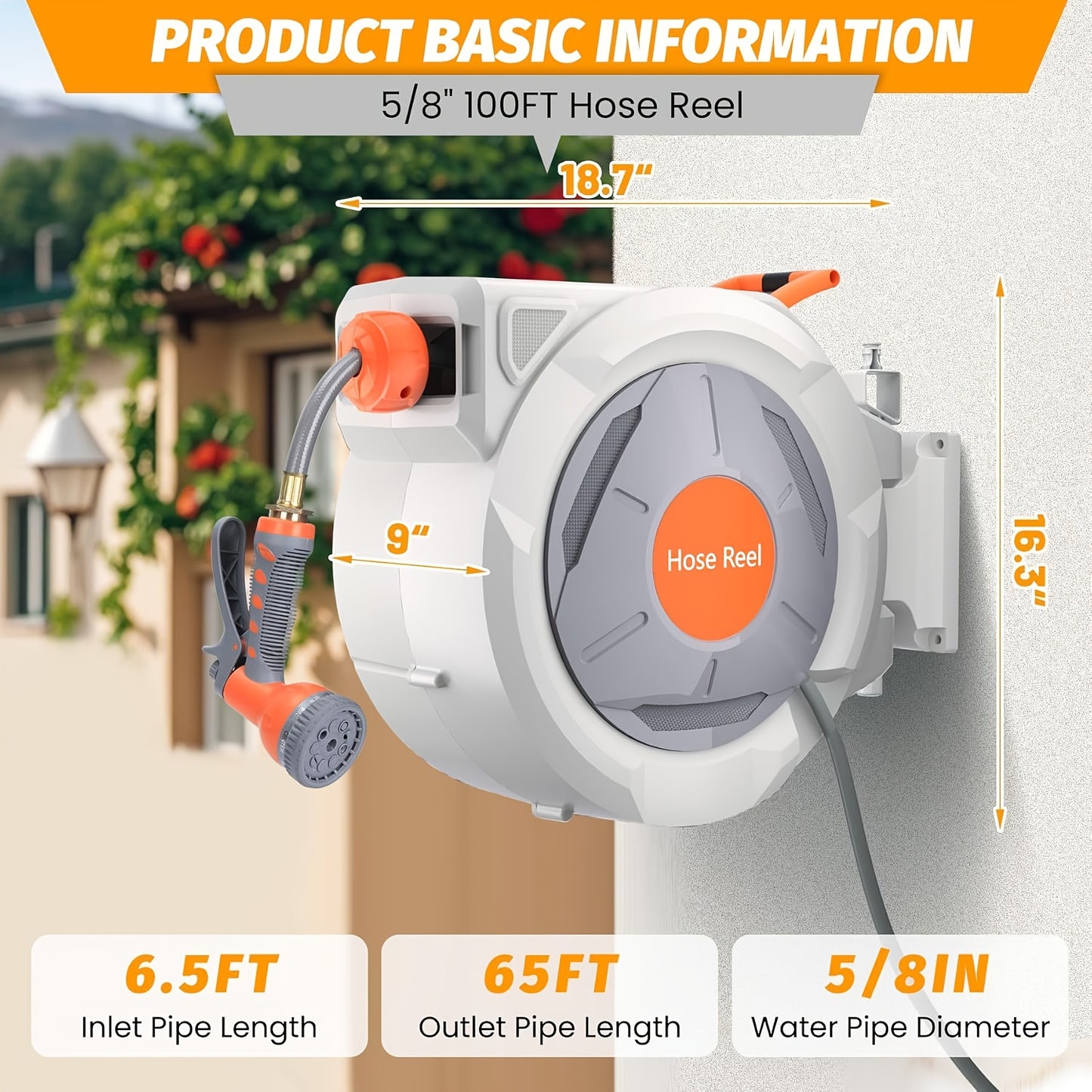 Tuinslanghaspel – Slanghaspel – Wandslangenbox – Slangenhouder – Slangopberger – Automatisch Oprolsysteem – 180° Draaibare Muurbeugel – 20 Meter – 9-in-1 Verstuiver