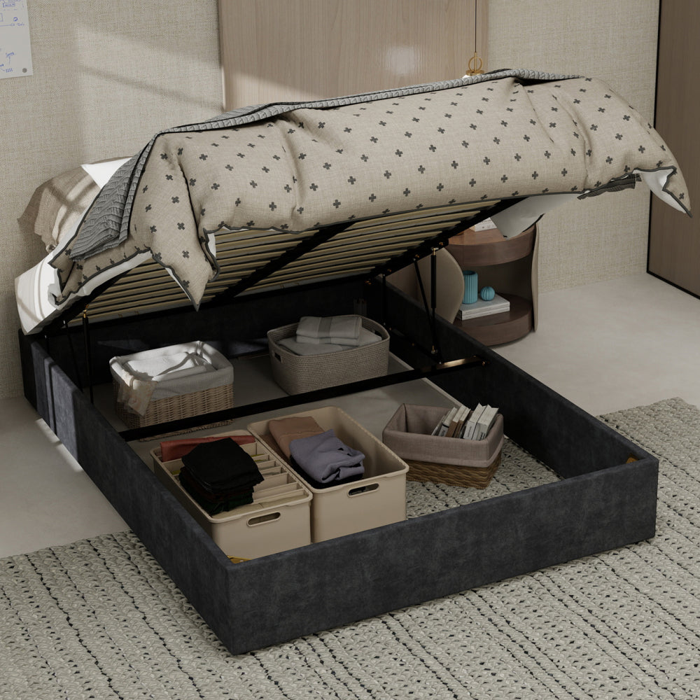 Bedframe – Ledikant – Slaapbank – Platformbed – Opbergbed – Modern Minimalistisch Design – Gasveren Opbergruimte – Dutch Velvet Hoofdeinde 140x200 cm – Eenvoudige Montage – Duurzaam Zonder Elektriciteit