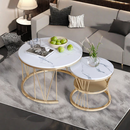 Salontafel Set – Moderne Ronde Tafels – Bijzettafel – Lage Tafel – Woonkamer Tafel – Gouden Metalen Frame – Wit Marmerblad – Nestbaar & Ruimtebesparend – Lichtgewicht & Makkelijk Verplaatsbaar