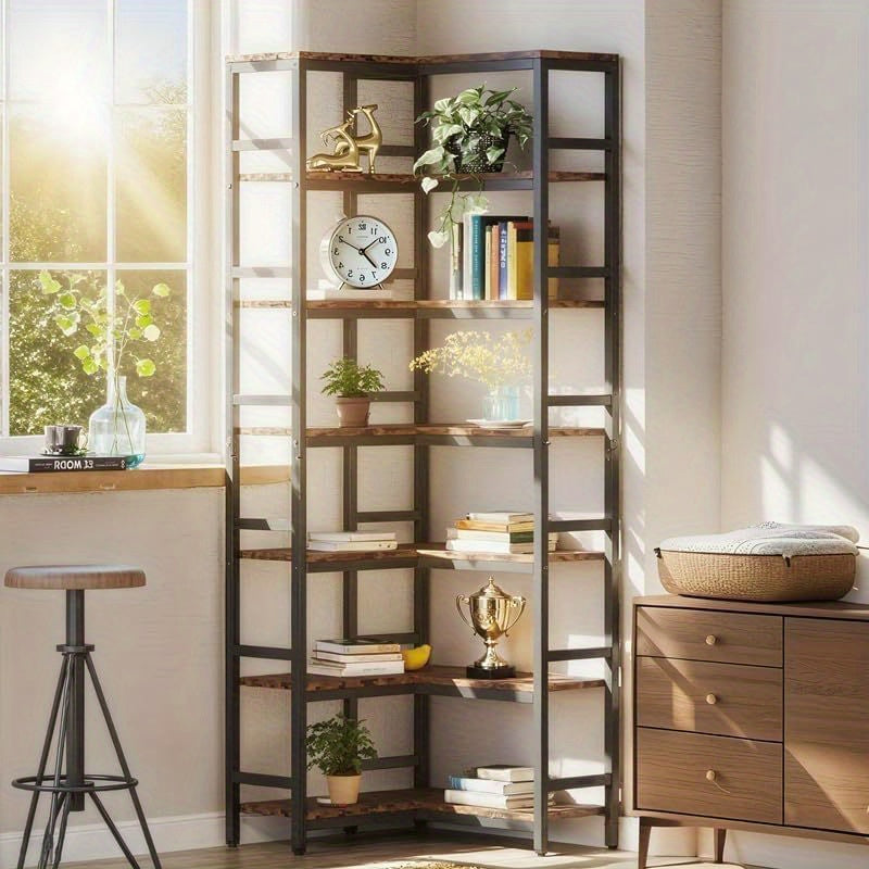Hoekboekenkast – Smalle Boekenkast – Kleine Boekenkast – Boekenkast – Opbergkast – 7 Metalen Planken – Industrieel Design – 60x60x200 cm – Rustiek Bruin Zwart