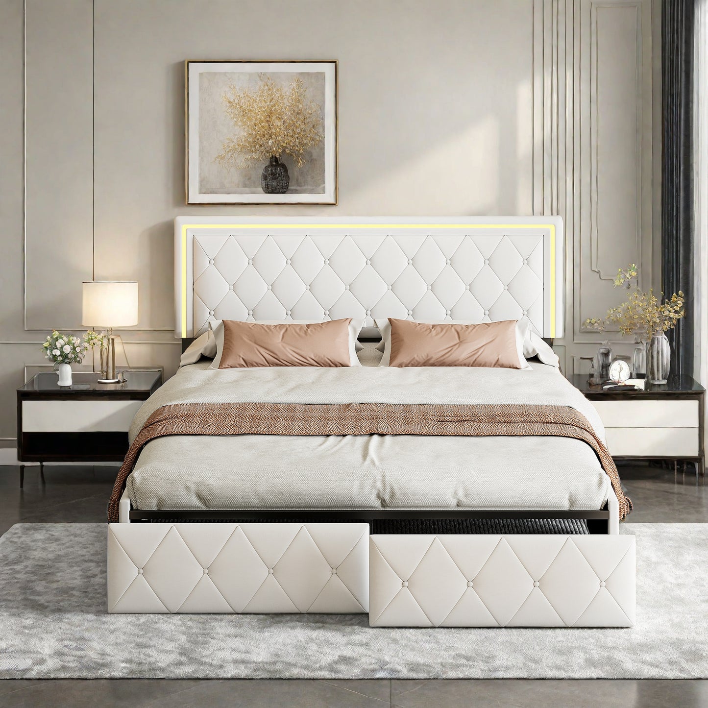 Double Bed with Storage, LED Lighting, 4 Drawers, USB Charging, Quick Assembly, PU Metal Frame, Classic Design, Suitable for Adult Bedrooms