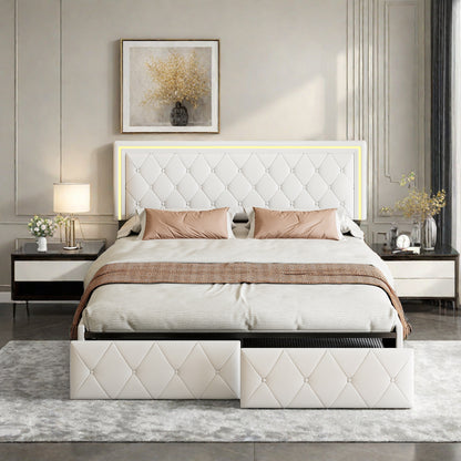 Double Bed with Storage, LED Lighting, 4 Drawers, USB Charging, Quick Assembly, PU Metal Frame, Classic Design, Suitable for Adult Bedrooms