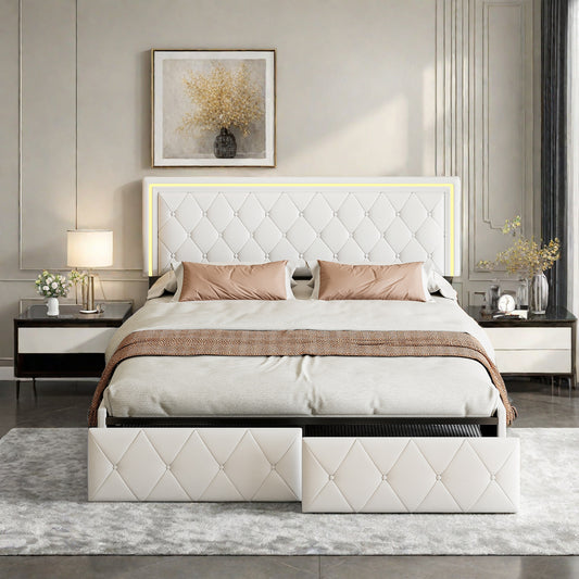 Tweepersoonsbed – Bedframe – Opbergbed – Led Bed – Slaapkamerbed – 160x200 cm – PU Leder Bekleding – Ingebouwde USB Oplaadpoorten