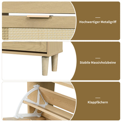 BTM Shoe Cabinet with 4 Folding Drawers, Rattan Shoe Dresser with Metal Handles, Shoe Rack for Hallway, Bedroom, Apartment, Wooden Furniture, Rustic Style, Dimensions: 100 x 25 x 90 cm