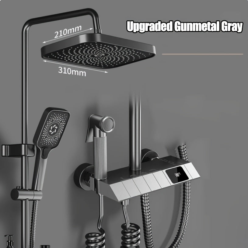 Gunmetal Grijze Douche Set – Regendouche – Handdouche – Badkranen – Douchekraan – 8 Inch Regendouchekop – 4-Function Badkraaanset – Messing Mengkraan – Wandmontage – Inclusief Doucheverlichting