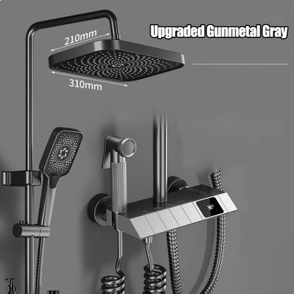 Gunmetal Grijze Douche Set – Regendouche – Handdouche – Badkranen – Douchekraan – 8 Inch Regendouchekop – 4-Function Badkraaanset – Messing Mengkraan – Wandmontage – Inclusief Doucheverlichting