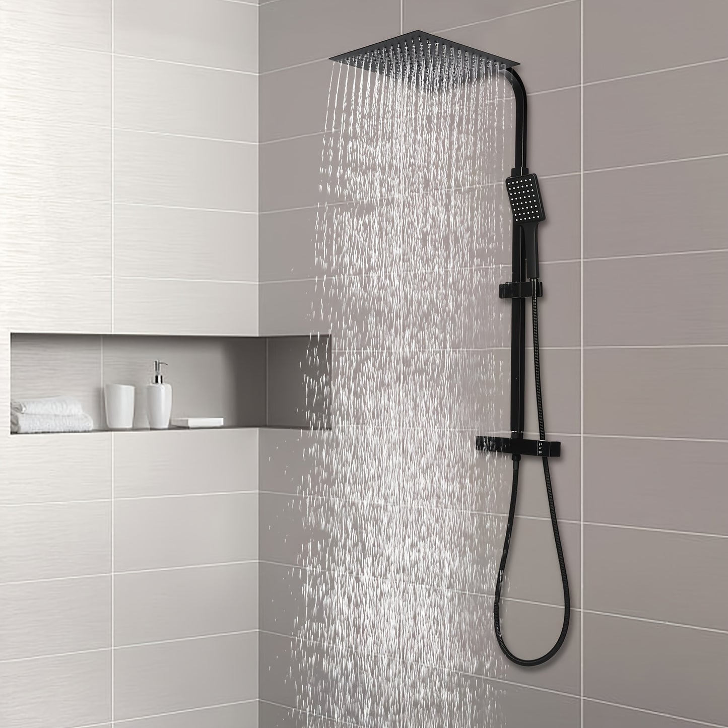 Doucheset – Regendouche Set – Douche Systeem – Douchekraan – Zwart Thermostaat – RVS Materiaal – Verstelbare Hoogte 80-122 cm – Veiligheidsvergrendeling 38°C