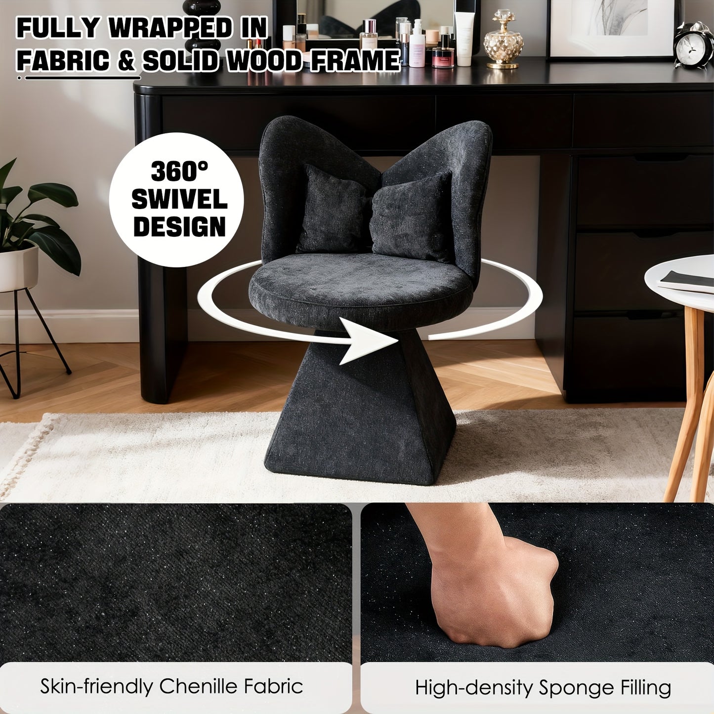 Stoel – Eetkamerstoel – Draaistoel – Loungestoel – Kaptafelstoel – Chenille Stoffering – 360° Draaibaar Design