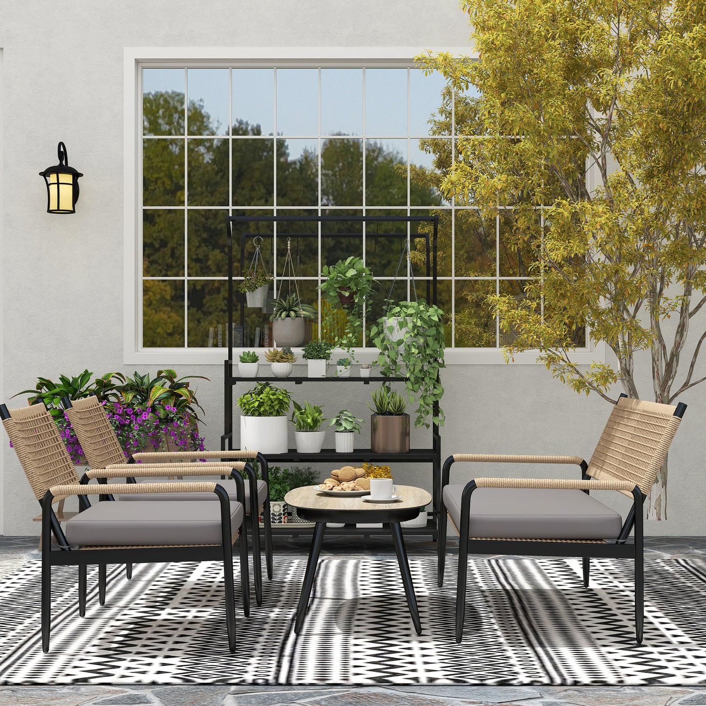 Poly Rattan Loungeset – Tuinmeubelset – Loungehoek – Buitenmeubel – Terrasmeubilair – Weerbestendig & UV-bestendig – Compleet 4-persoons Donkergrijs met Gele Accenten