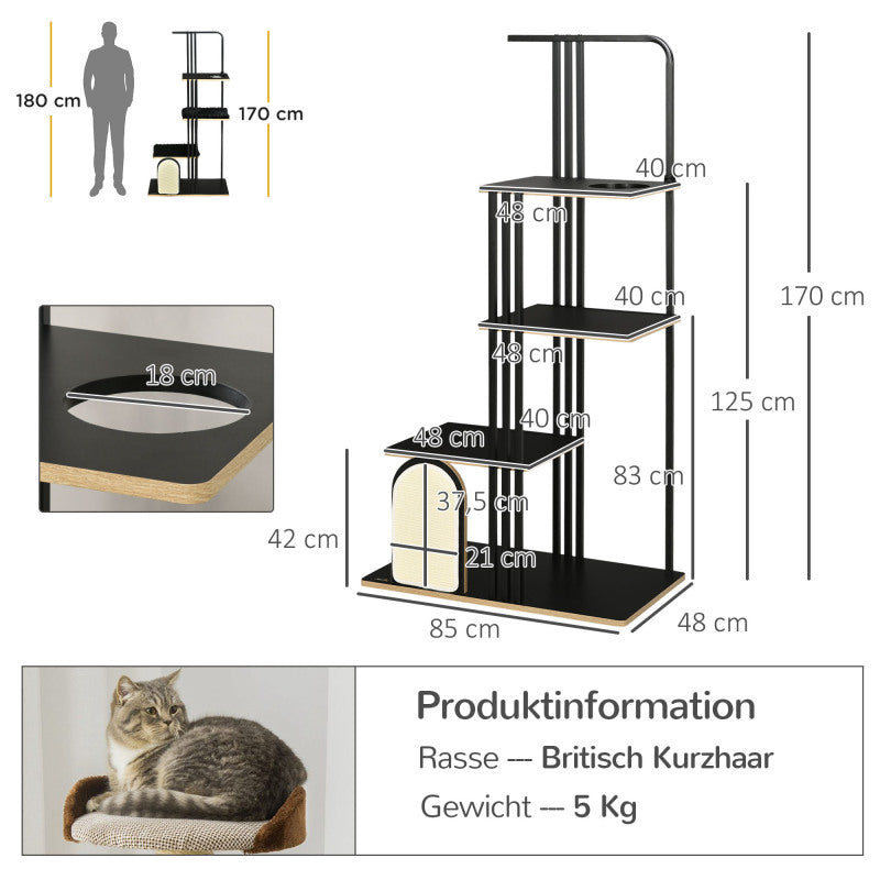 Kattenboom – Krabpaal – Klimmeubel – Kattenmeubel – Krabpaal met Ligkussen – Zwart/Beige – 170 cm Hoog – Stevige Stalen Constructie