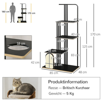 Kattenboom – Krabpaal – Klimmeubel – Kattenmeubel – Krabpaal met Ligkussen – Zwart/Beige – 170 cm Hoog – Stevige Stalen Constructie