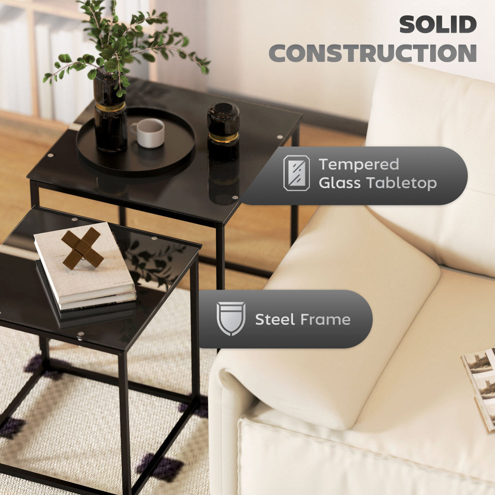Salontafel – Koffietafel – Bijzettafel – Woonkamertafel – Sofa Tafel – Zwart Stalen Frame – Glazen Tafelblad