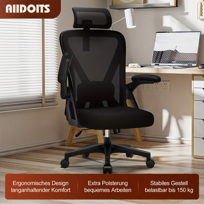 Ergonomic High-Back Office Chair with Adjustable Headrest & Lumbar Support, Reclining Mesh Back Desk Chair Suitable for Home Office, Flip-Up Armrests, 135° Tilt, Height Adjustable Weight-Reducing Chair Supports 149.69 KG (So