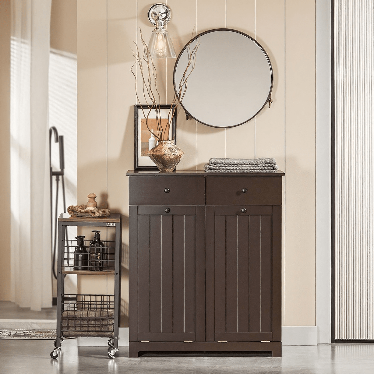 Wasmand – Wassorteerder – Wasbox – Wasmand Kast – Wasmand Met Deksel – Inclusief 2 Uitschuifbare Waszakken – MDF Hout, 78x91x38 cm – Bruin