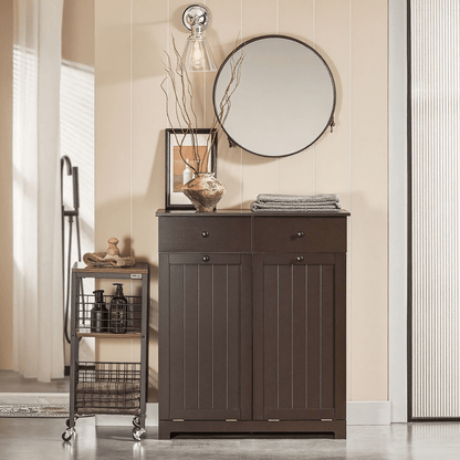Wasmand – Wassorteerder – Wasbox – Wasmand Kast – Wasmand Met Deksel – Inclusief 2 Uitschuifbare Waszakken – MDF Hout, 78x91x38 cm – Bruin