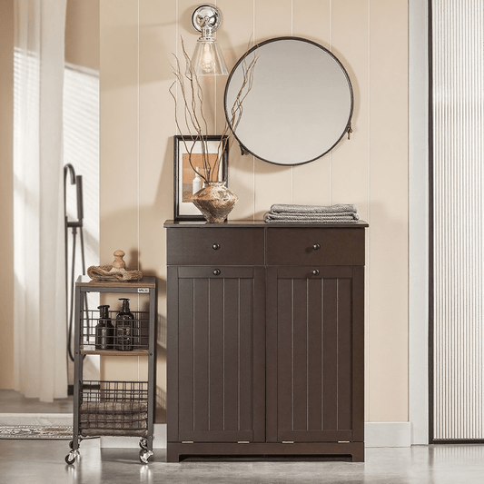 Wasmand – Wassorteerder – Wasbox – Wasmand Kast – Wasmand Met Deksel – Inclusief 2 Uitschuifbare Waszakken – MDF Hout, 78x91x38 cm – Bruin